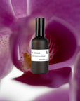 A black bottle labeled Day Dream Room Spray is centered against a blurred backdrop of purple and white petals, evoking an uplifting aroma with notes of ginger and white tea.