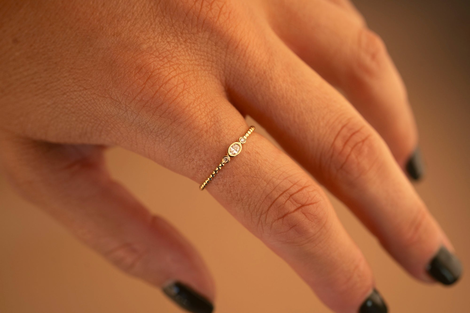 14k Oval Diamond Beaded Ring