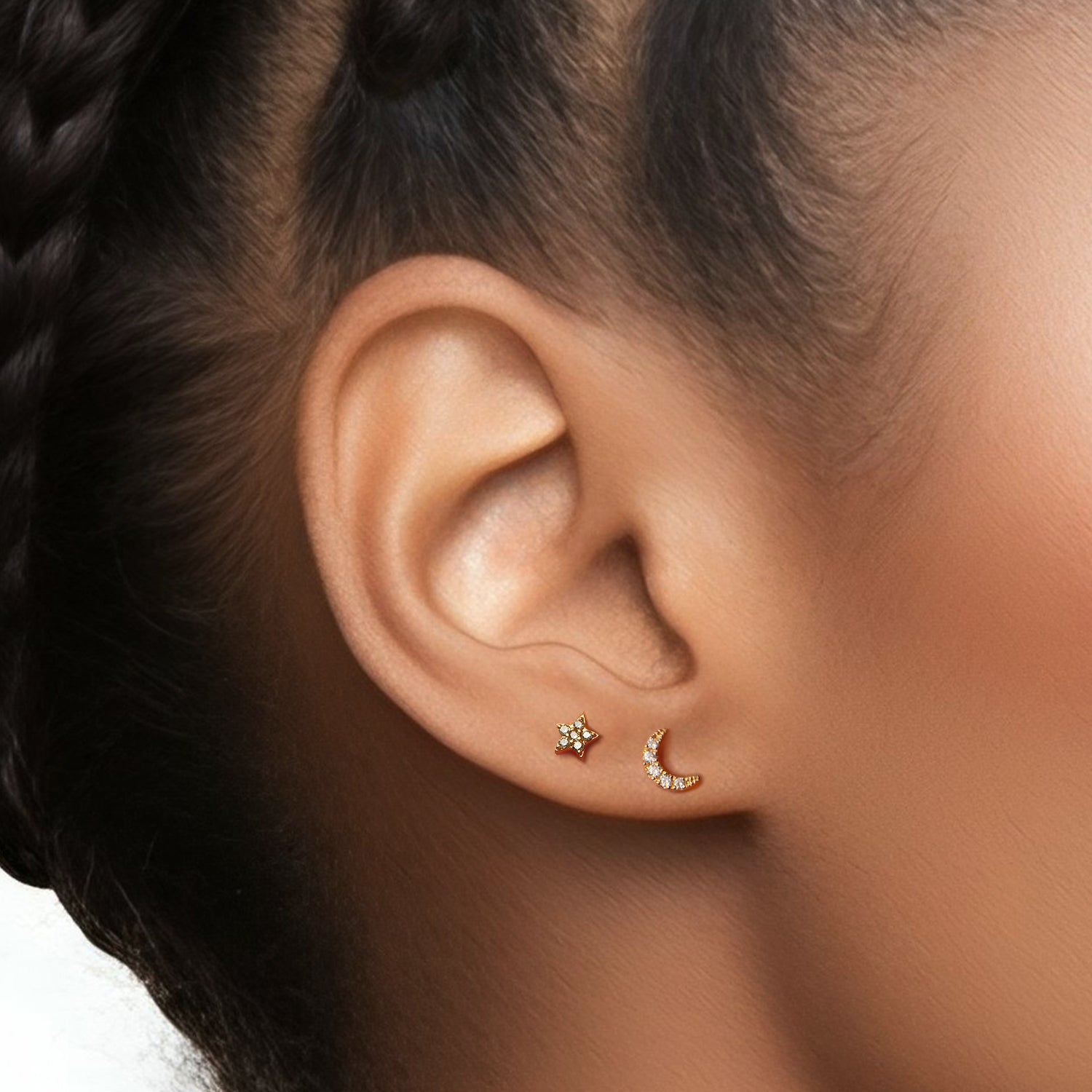 14k Diamond Crescent Moon Flatback Studs