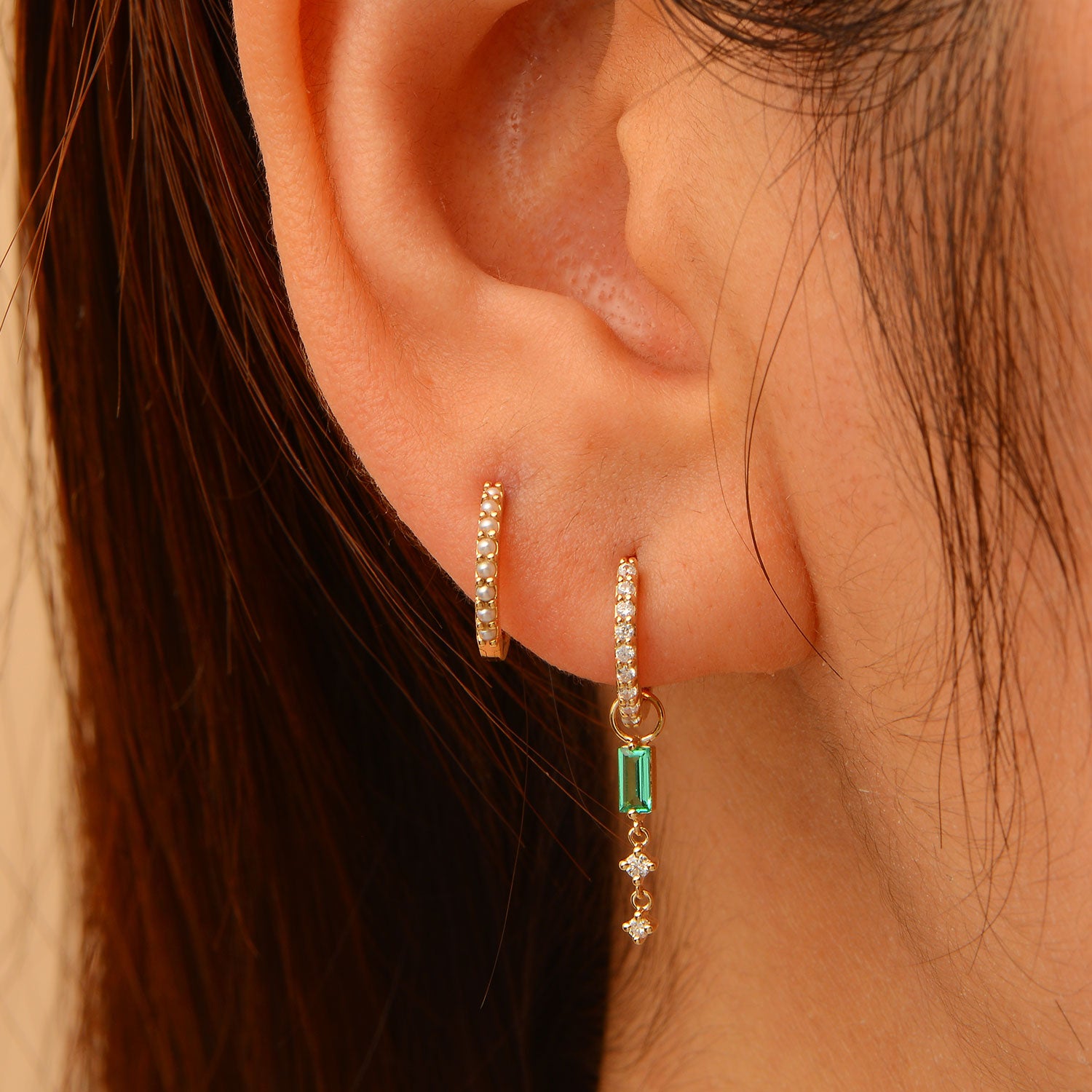 14k Emerald and Diamond Dangle Hoop Charm