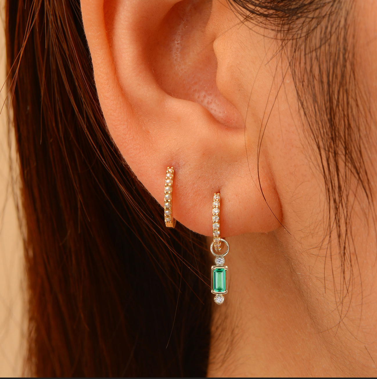 14k Emerald Baguette + Diamonds Hoop Charm
