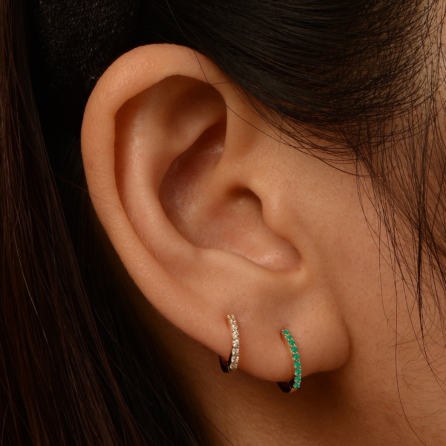 14K Lab Emerald Huggies