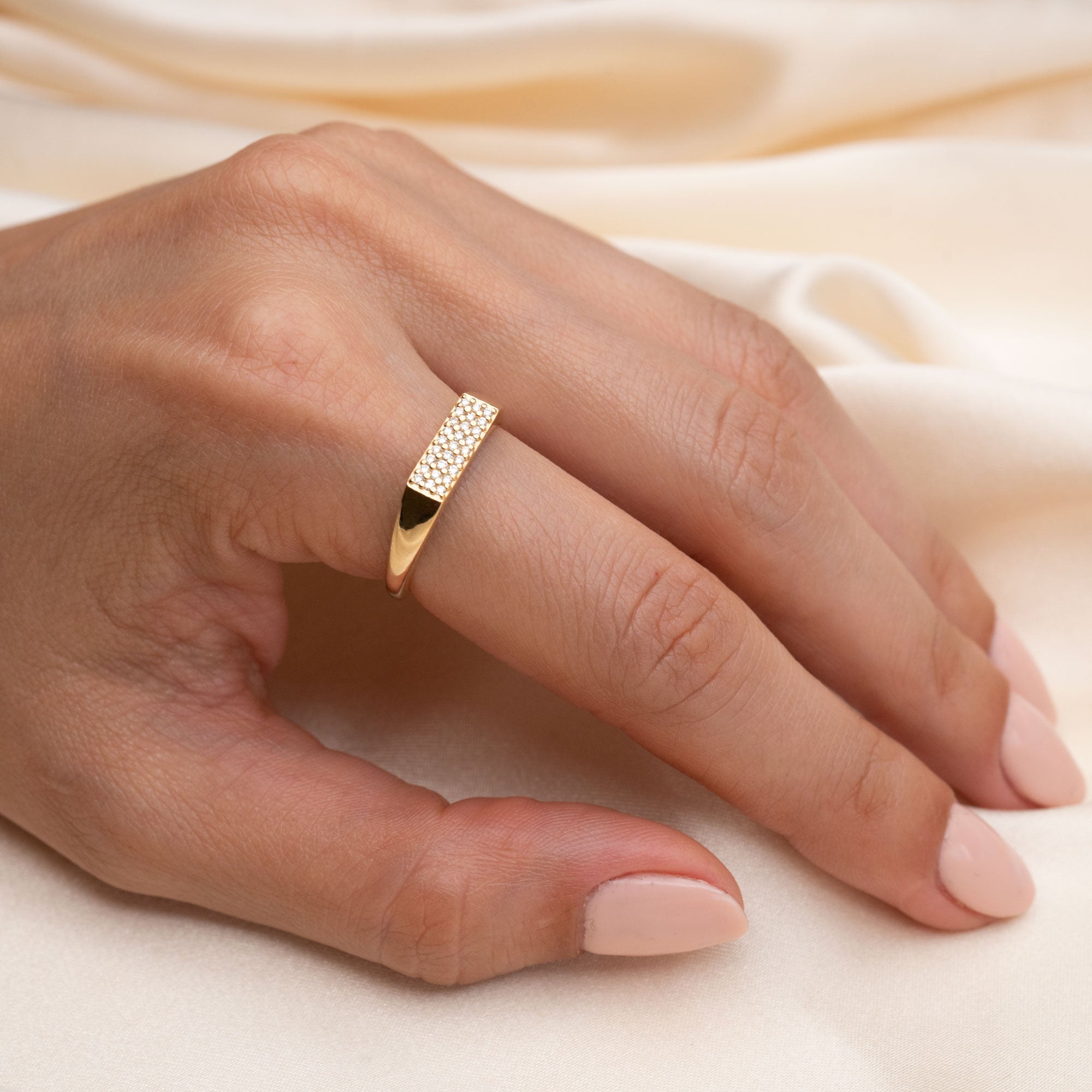 14k Rectangle Diamond Pave Signet Ring