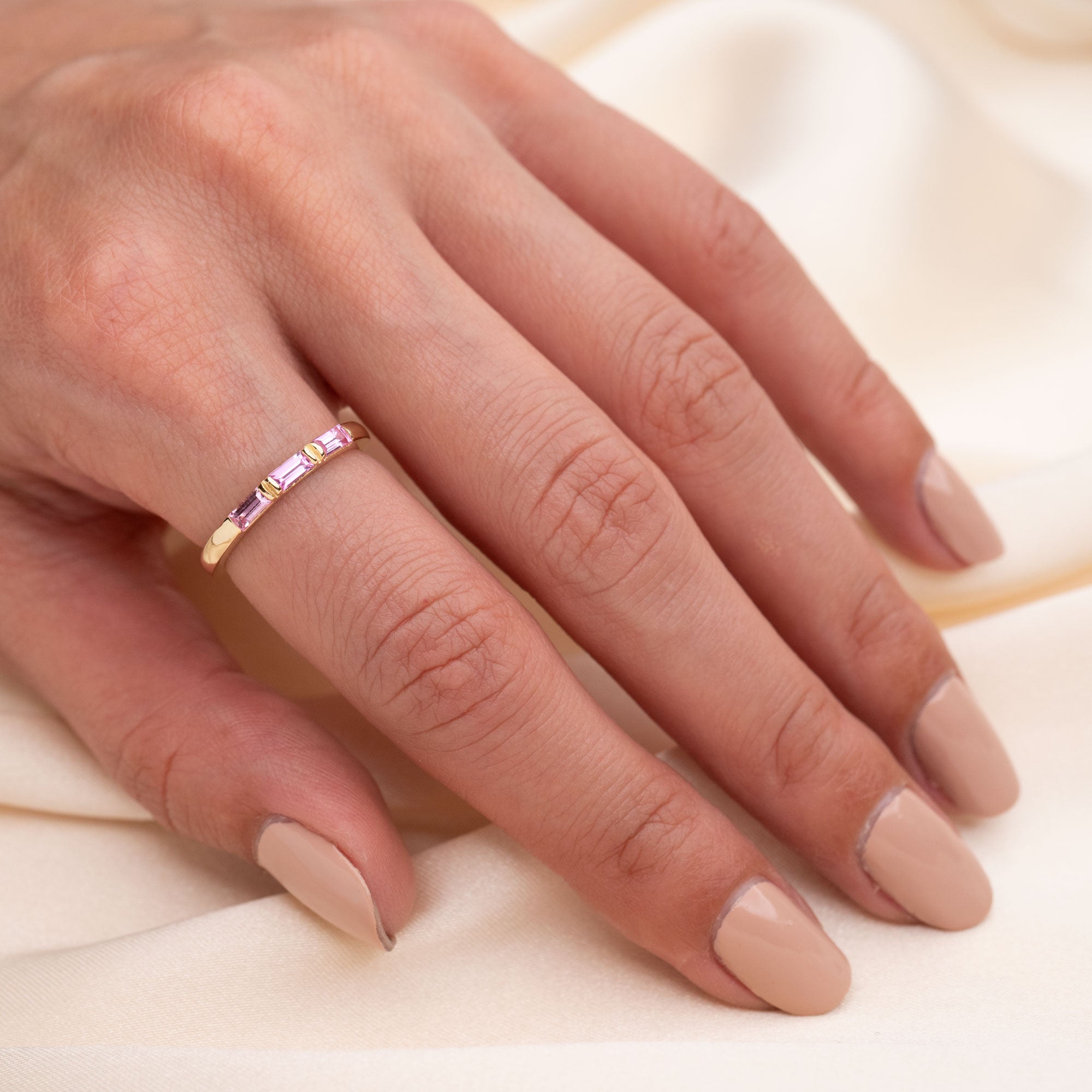 14k Triple Pink Sapphire Baguette Ring