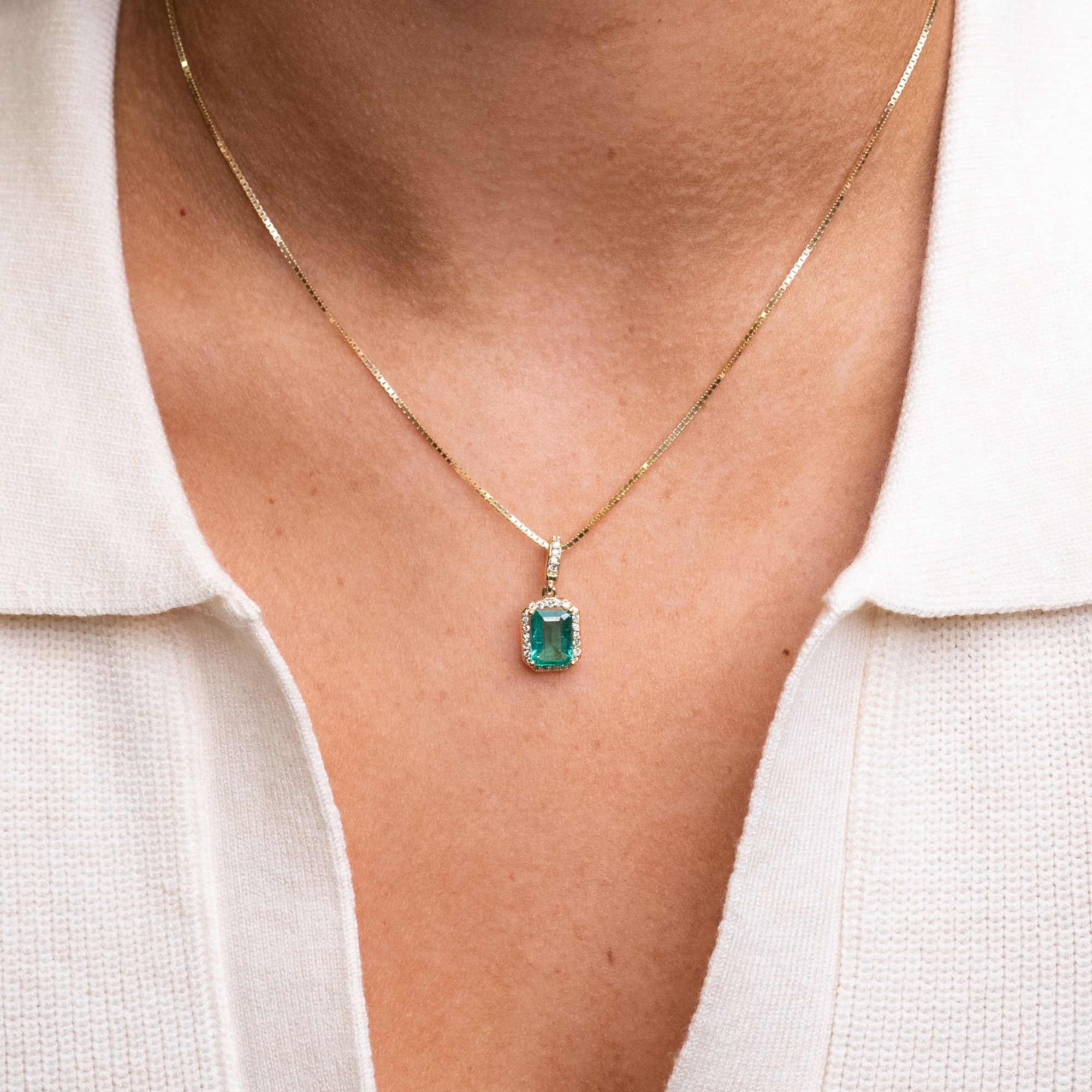 14k Emerald Diamond Halo Necklace