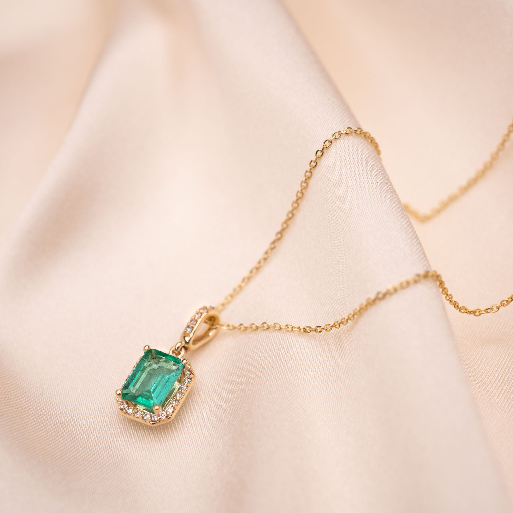 14k Emerald Diamond Halo Necklace