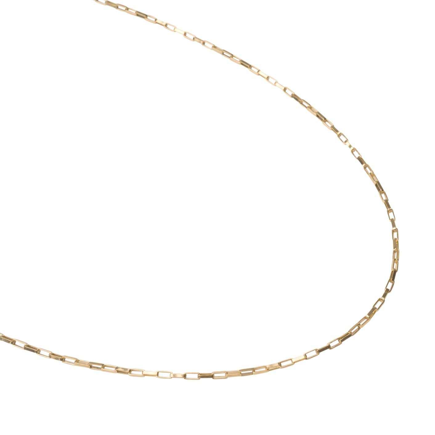 The Gold Filled Box Necklace features a delicate 14k gold filled chain with small rectangular links in a simple, elegant pattern for a timeless look.