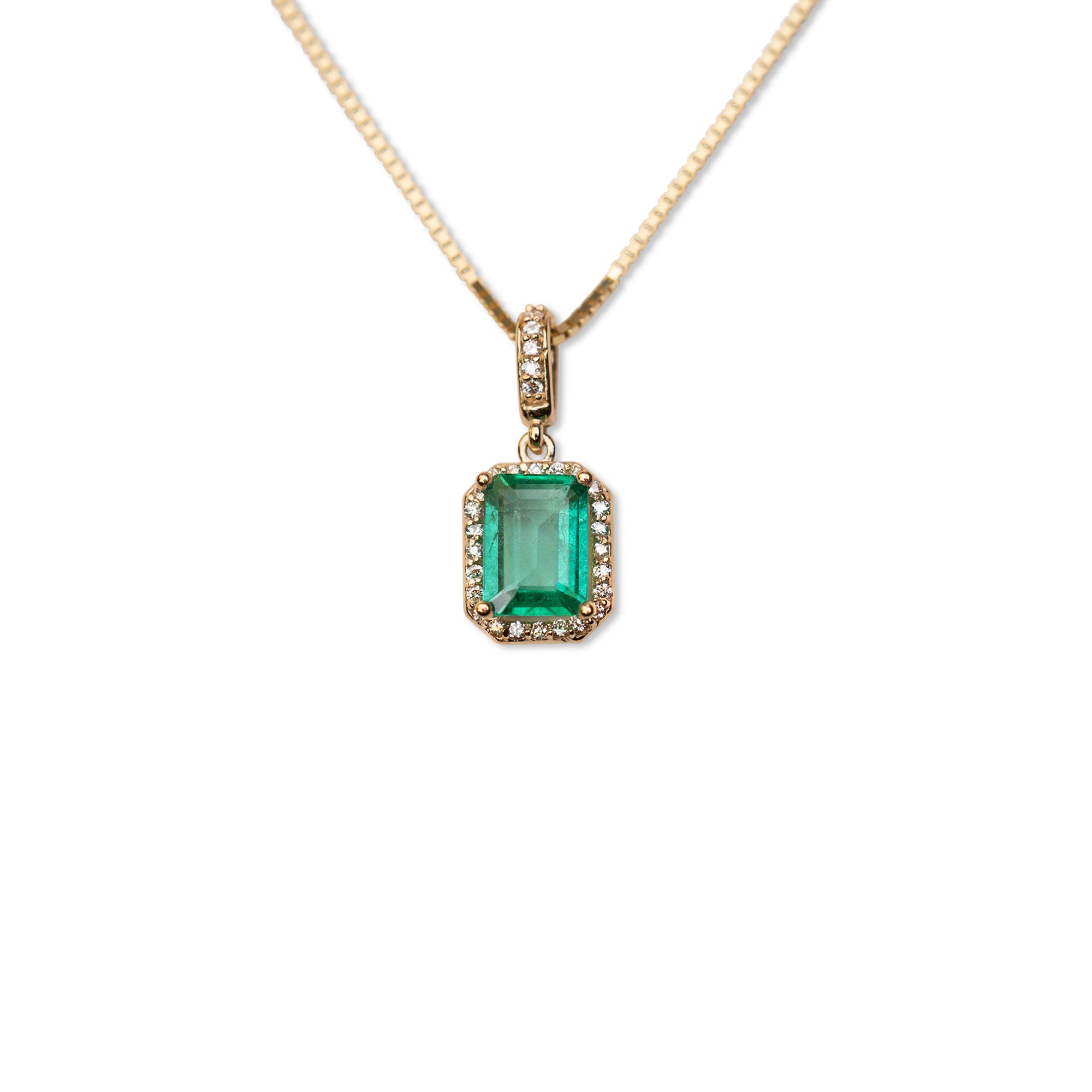 14k Emerald Diamond Halo Necklace