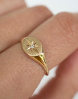 14k Solid Gold Signet Ring, Starburst Signet Ring, Diamond Signet Ring, Ladies Signet Ring, Solid Gold Signet Ring, Starburst Diamond