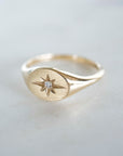 14k Solid Gold Signet Ring, Starburst Signet Ring, Diamond Signet Ring, Ladies Signet Ring, Solid Gold Signet Ring, Starburst Diamond