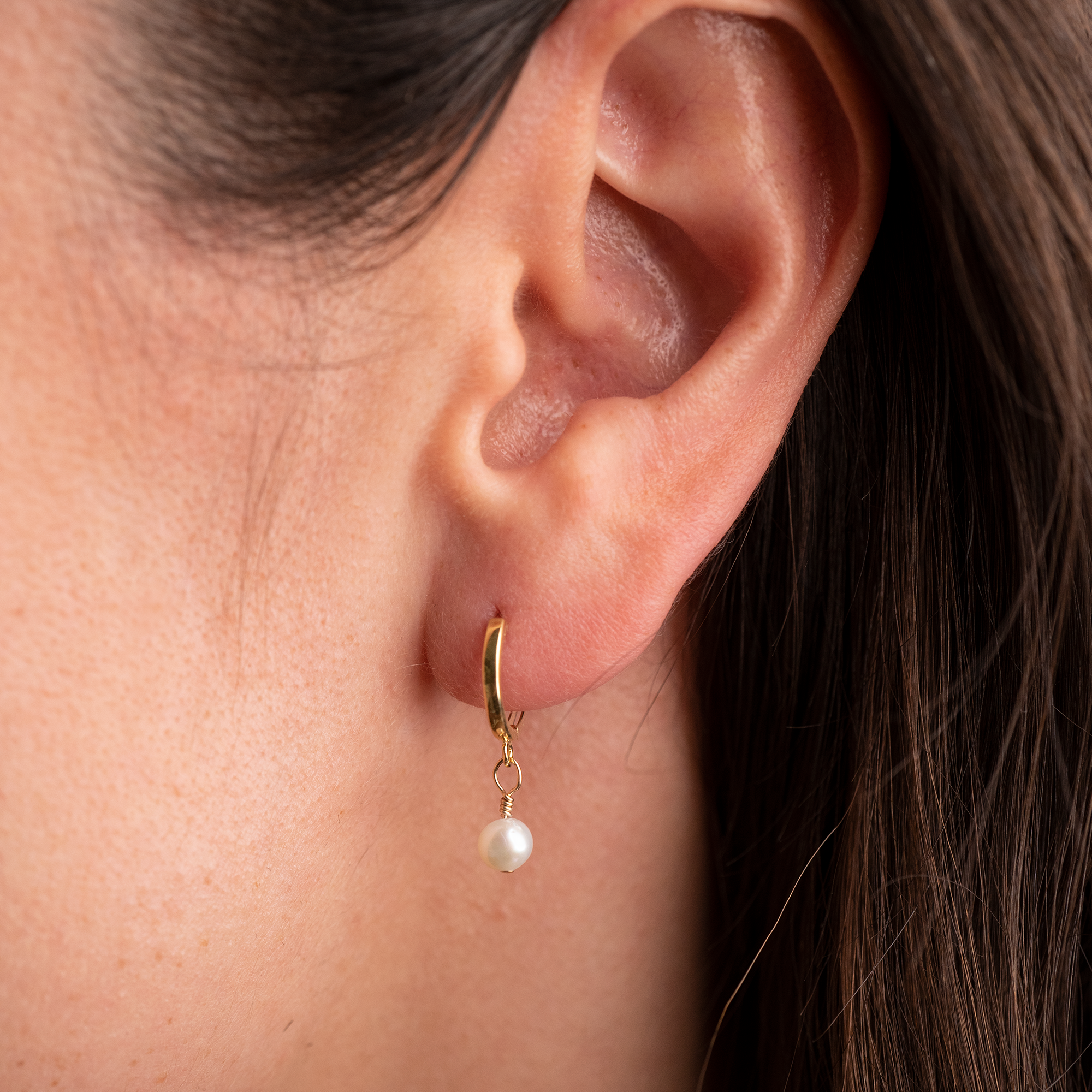 14k Pearl Huggie Hoops