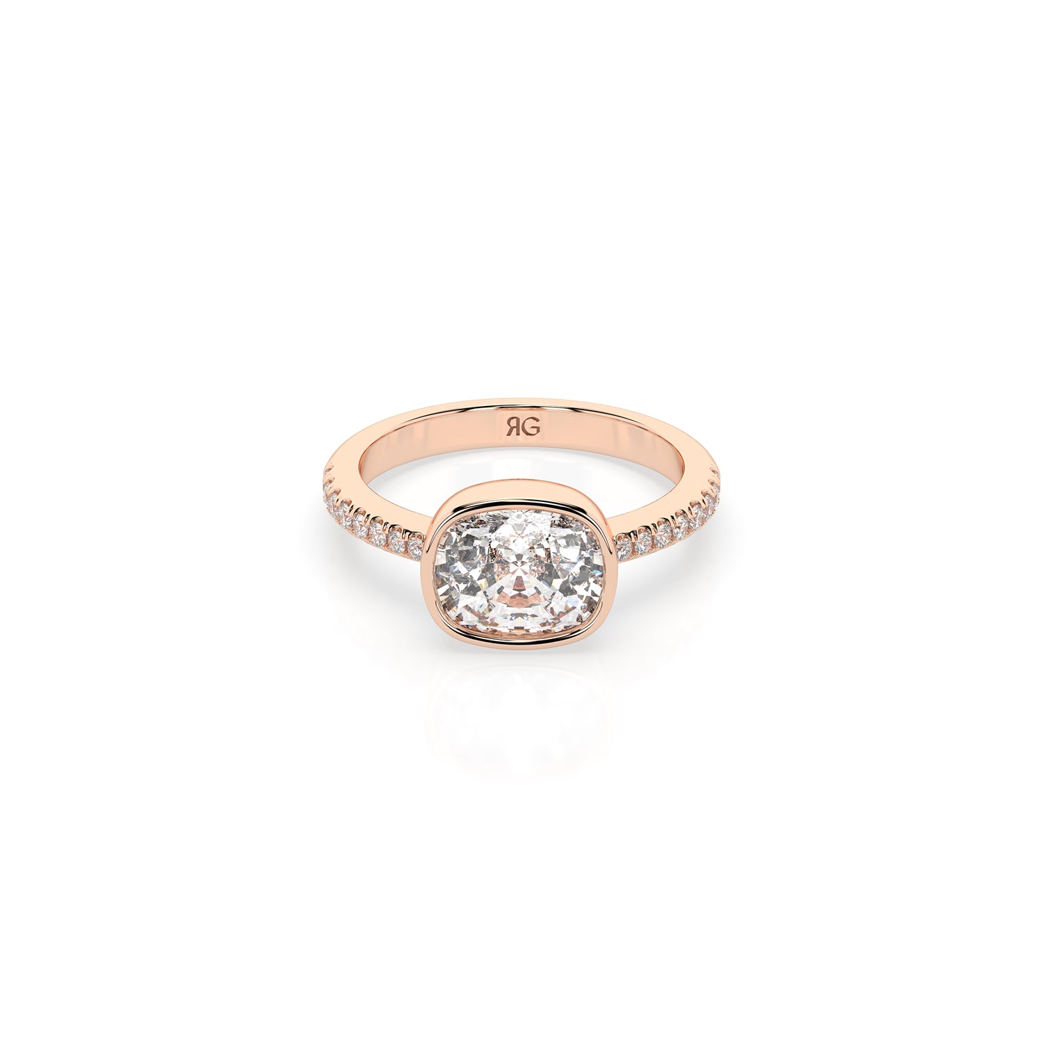 14k Cushion East West Bezel Pave Ring