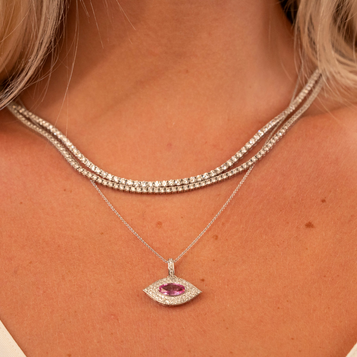 14k Pink Sapphire Evil Eye Necklace | one of one