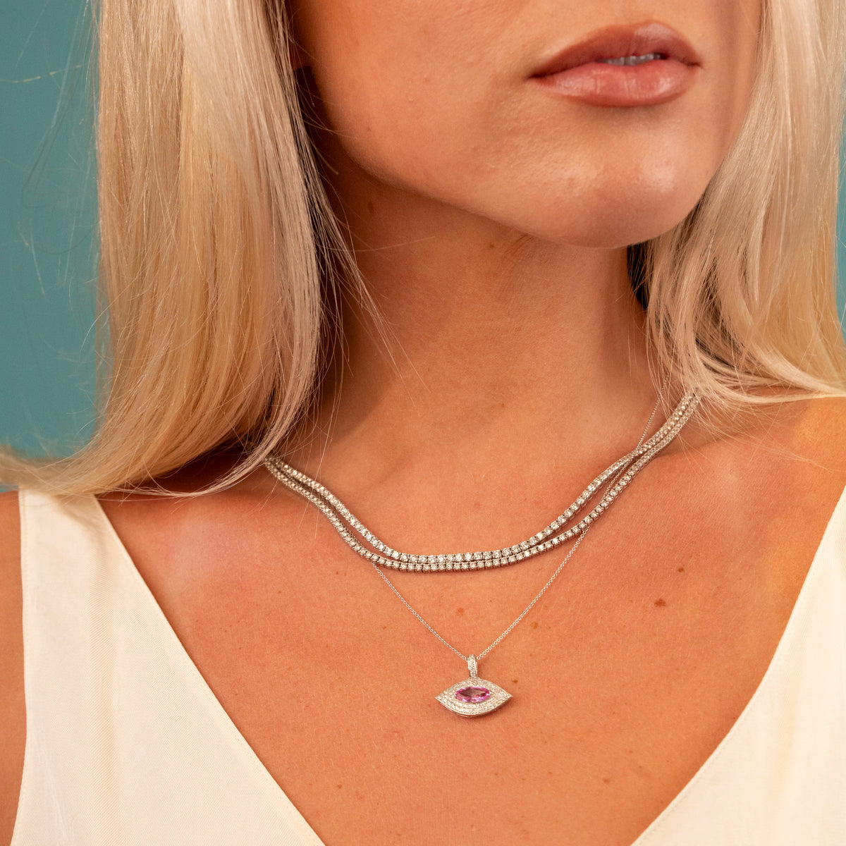 14k Pink Sapphire Evil Eye Necklace | one of one