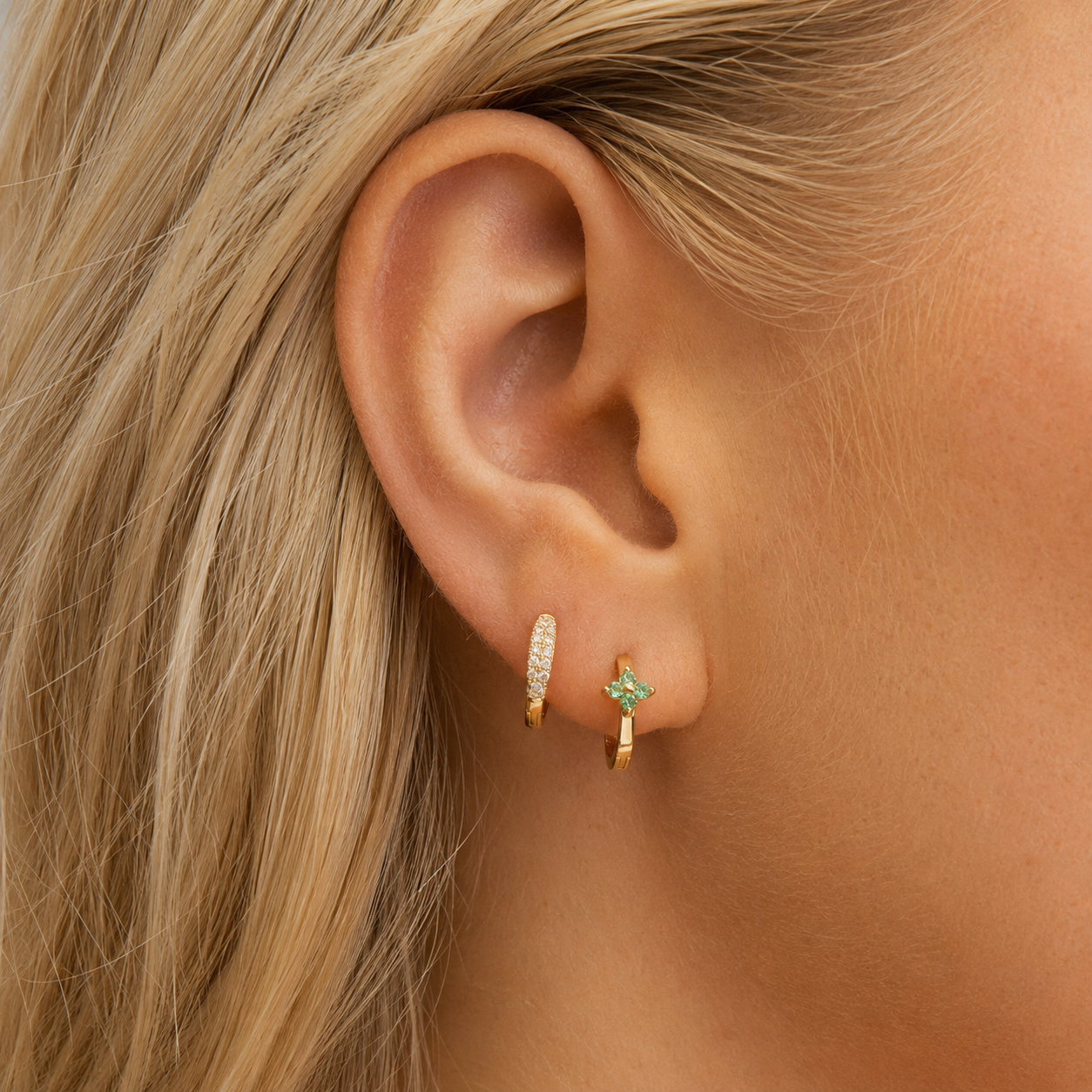14k Emerald Flower Huggies