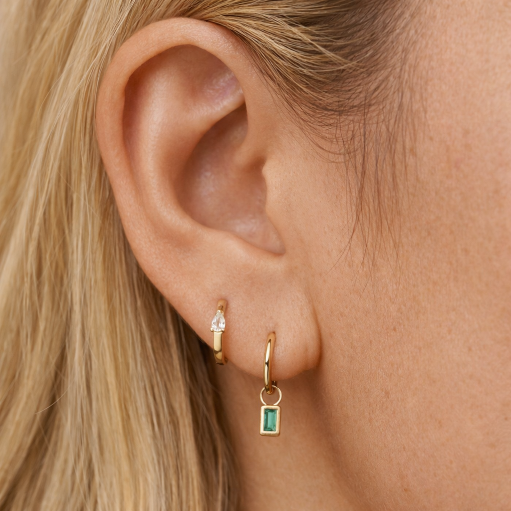 14k Emerald Baguette Hoop Charm