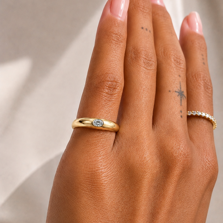 14k Little Oval Diamond Dome Ring