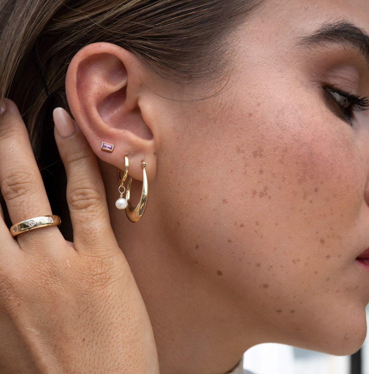 14k Pearl Huggie Hoops