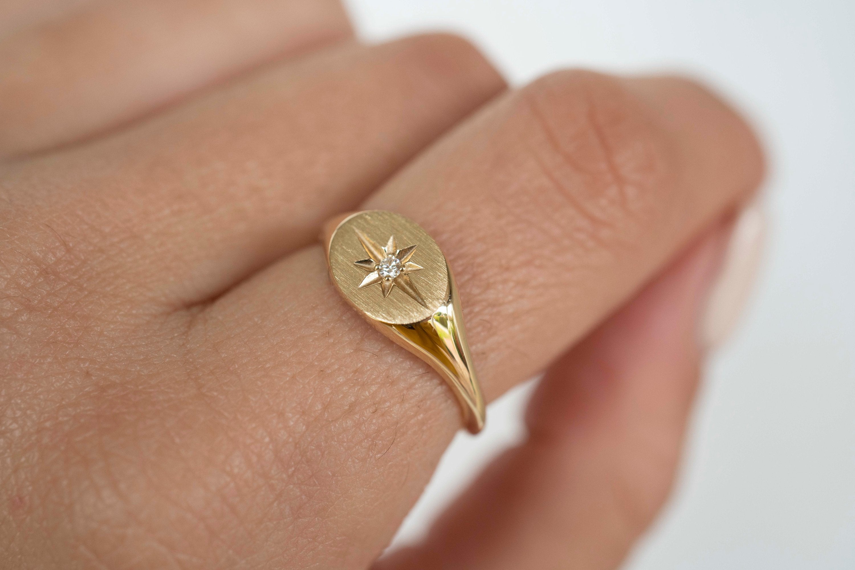 14k Solid Gold Signet Ring, Starburst Signet Ring, Diamond Signet Ring, Ladies Signet Ring, Solid Gold Signet Ring, Starburst Diamond